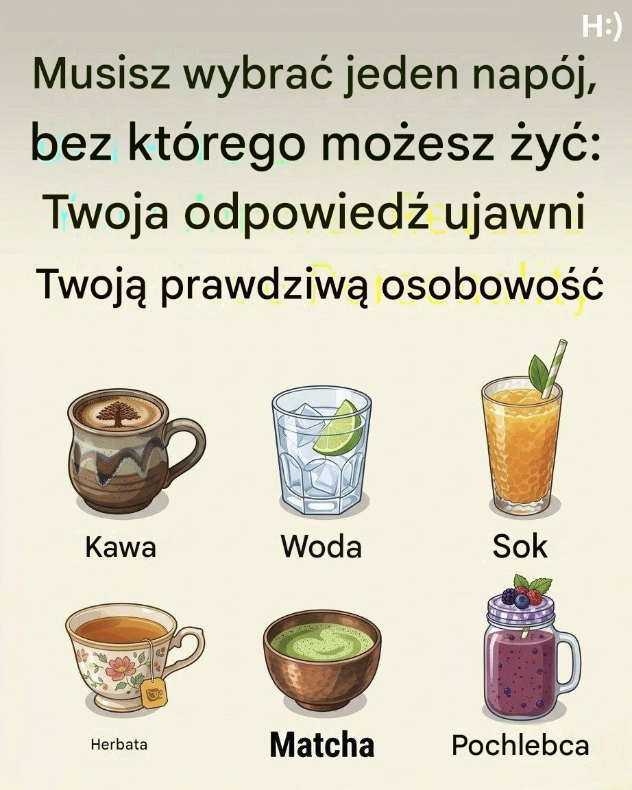 Musisz wybrać jeden napój, bez którego nie możesz żyć: kawę, wodę, sok, herbatę, matchę czy koktajle. Twój wybór jest odbiciem Twojej osobowości, w zależności od tego, czy cenisz energię, spokój, prostotę, kreatywność czy rutynę. Choć ostatecznie jest to raczej zabawne ćwiczenie autorefleksji niż naukowy test osobowości.