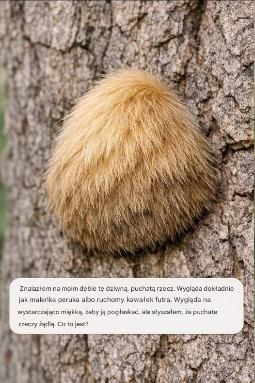 Znalazłem na moim dębie tę dziwną, puchatą rzecz. Wygląda dokładnie jak maleńka peruka albo ruchomy kawałek futra. Wygląda na wystarczająco miękką, żeby ją pogłaskać, ale słyszałem, że puchate rzeczy żądlą. Co to jest?